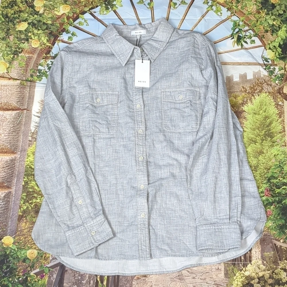 REISS grey Mimi casual button down long sleeve shirt size 14 - Picture 2 of 10